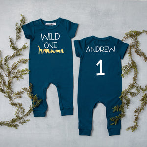 Black "Wild One" Jungle Slim Fit First Birthday Romper