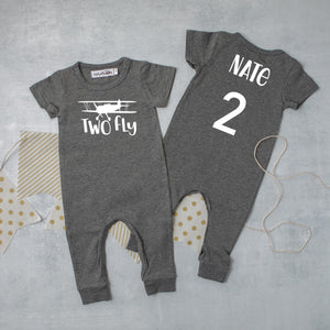 Black "Two Fly" Airplane Slim Fit 2nd Birthday Romper