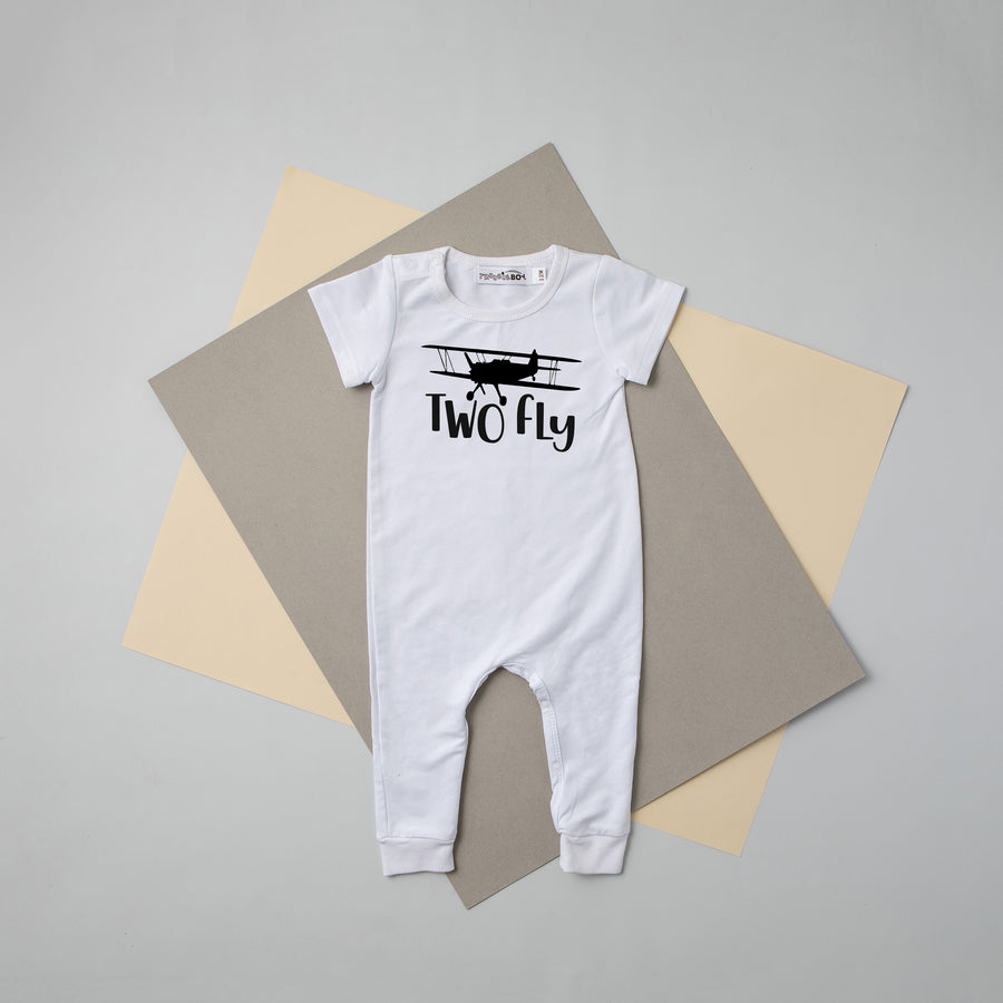 Black "Two Fly" Airplane Slim Fit 2nd Birthday Romper