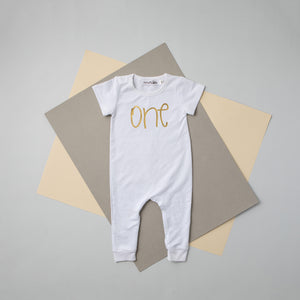 Aegean Blue "ONE" Slim Fit First Birthday Romper with Gold Writing