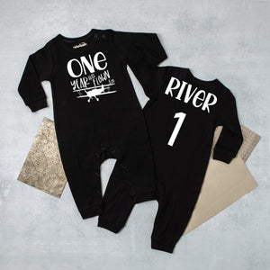 "One Year Has Flown By" Airplane 1st Birthday Long Sleeve Romper