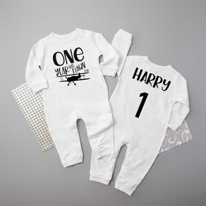 "One Year Has Flown By" Airplane 1st Birthday Long Sleeve Romper