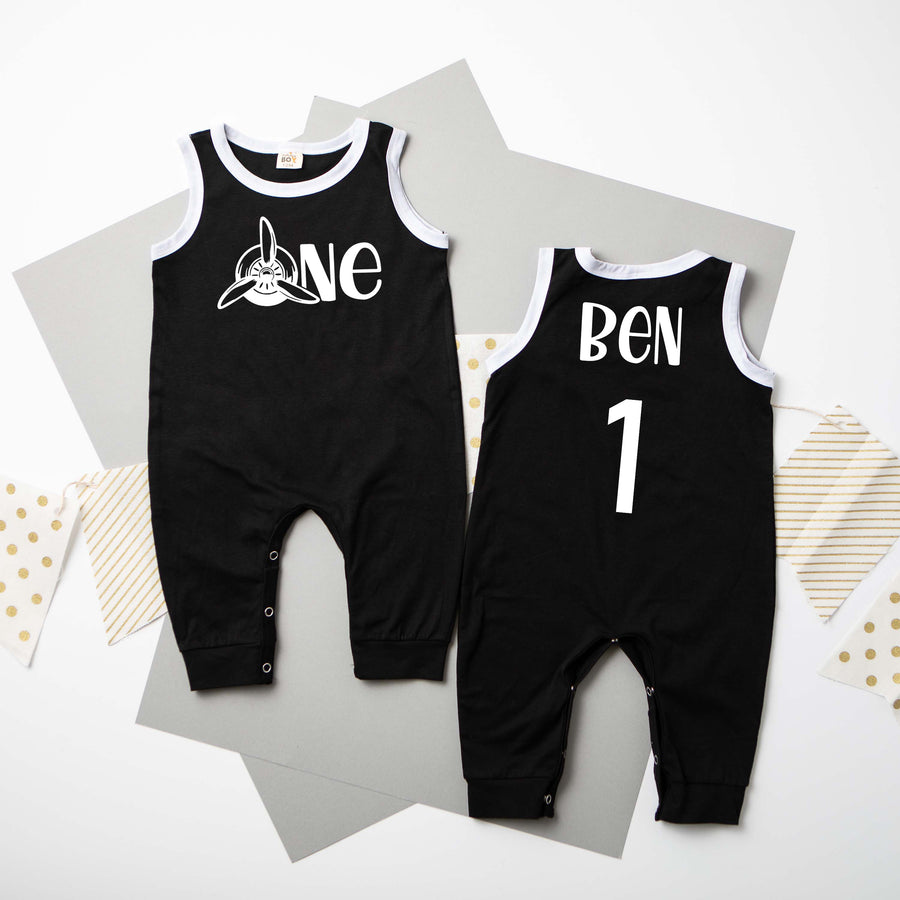 "One" Airplane Themed First Birthday Ringed Romper