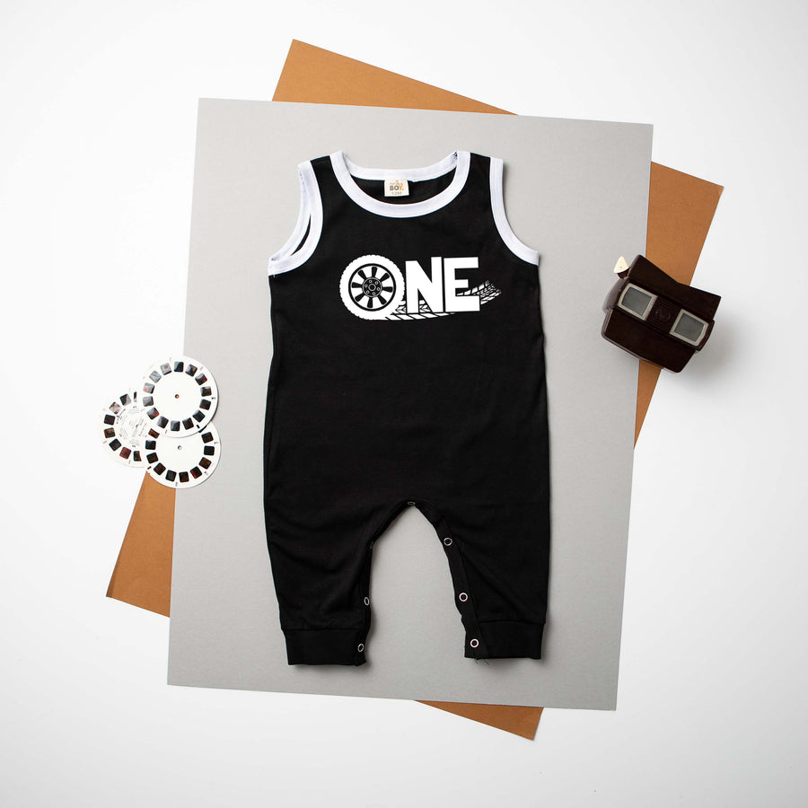 "One" Racecar Themed First Birthday Personalized Ringed Romper