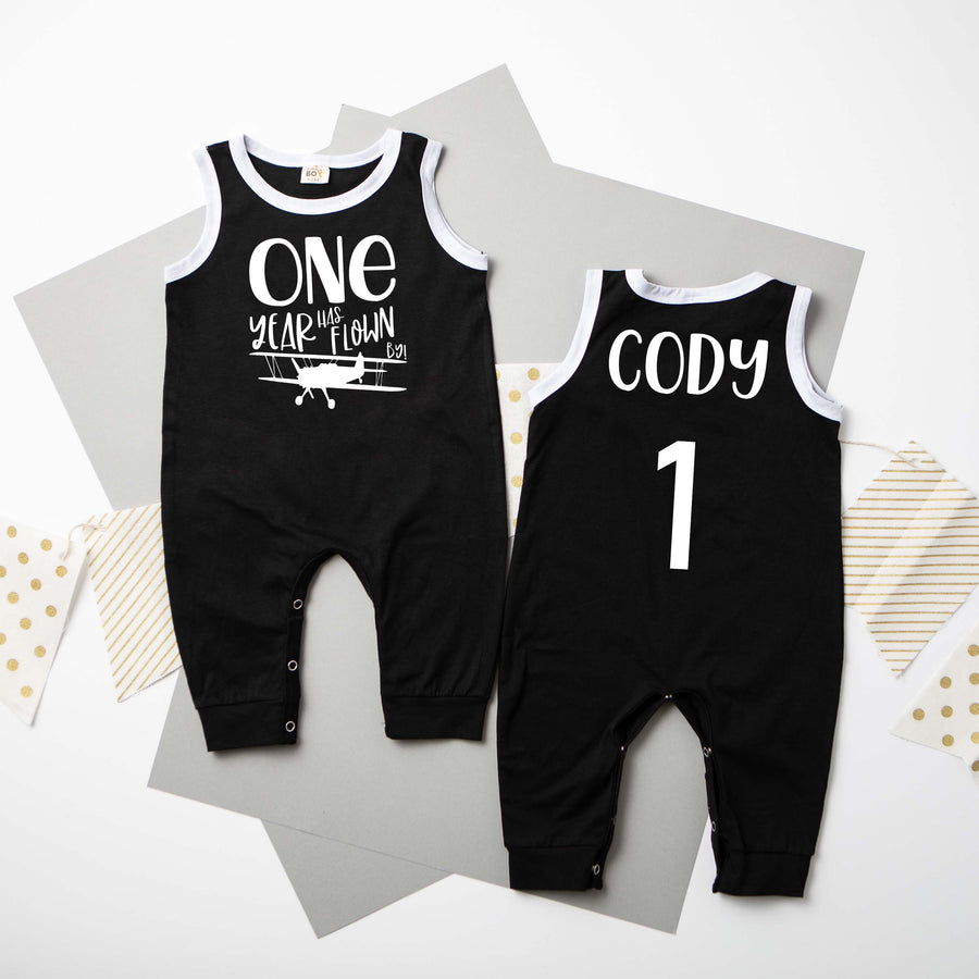 "One Year Has Flown By" Airplane Personalized 1st Birthday Ringed Romper