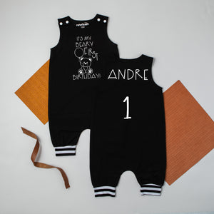 Black "It's My Beary First Birthday" First Birthday Romper with Striped Cuff