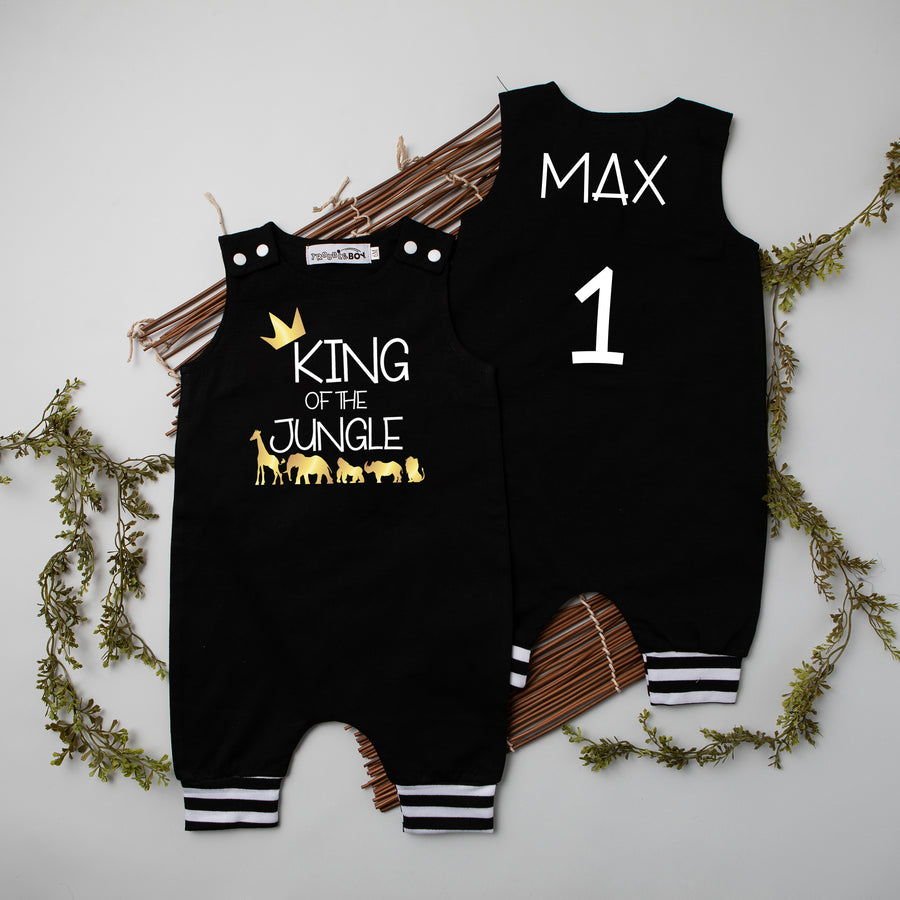 Gray "King of the Jungle" Jungle Themed Romper with Striped Cuff