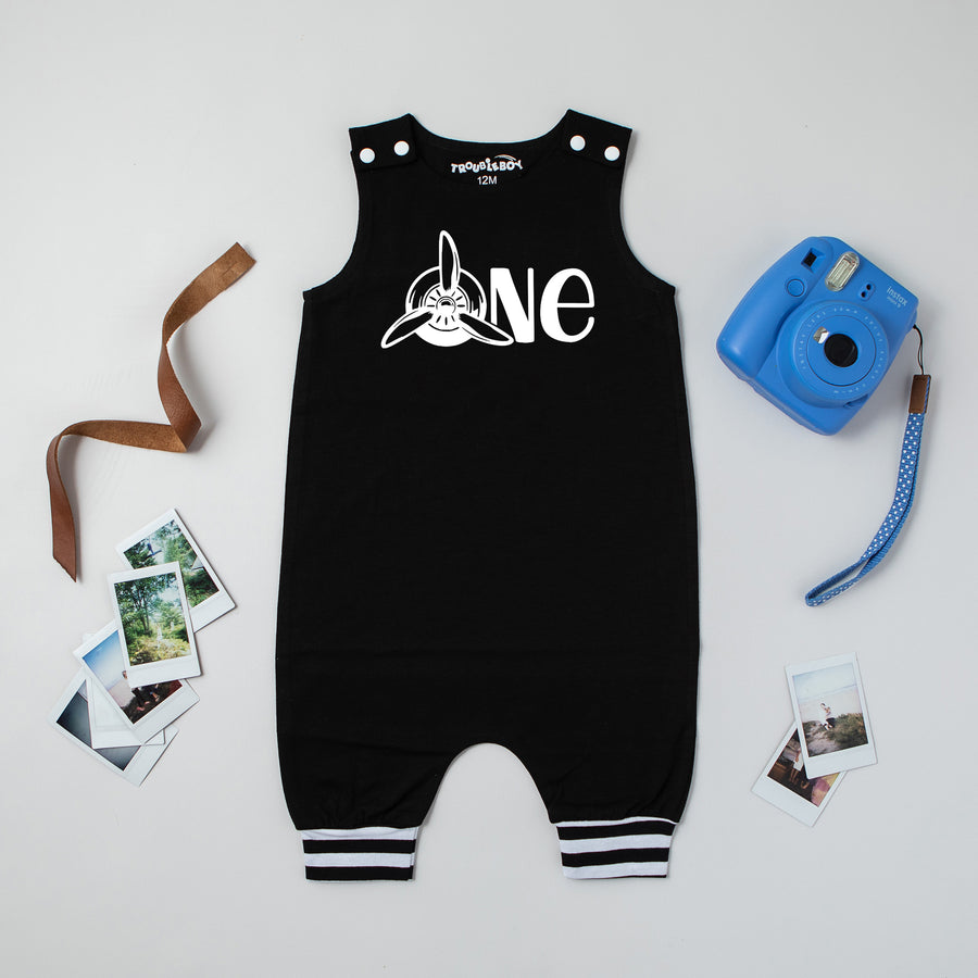 Black "One" Airplane First Birthday Romper with Striped Cuff