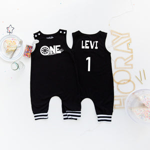 "One" Racecar First Birthday Romper with Striped Cuff
