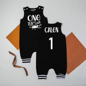 "One Year Has Flown By" Airplane First Birthday Romper with Striped Cuff