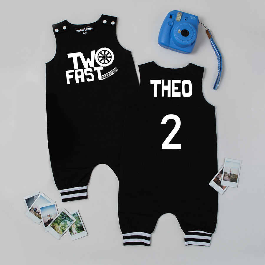 Black "Two Fast" Racecar Second Birthday Romper with Striped Cuff