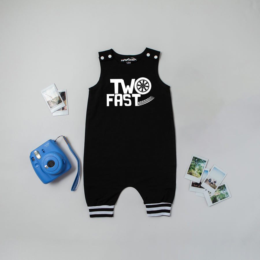 Black "Two Fast" Racecar Second Birthday Romper with Striped Cuff