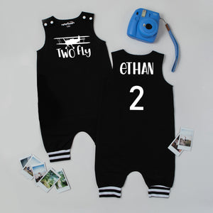 Black "Two Fly" Airplane Second Birthday Romper with Striped Cuff