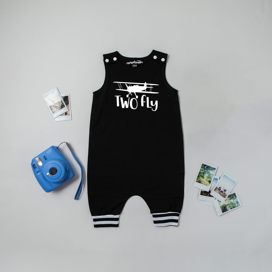 Black "Two Fly" Airplane Second Birthday Romper with Striped Cuff