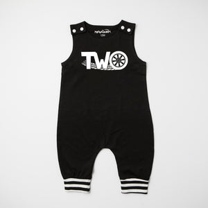 Black "Two" Racecar Second Birthday Romper with Striped Cuff