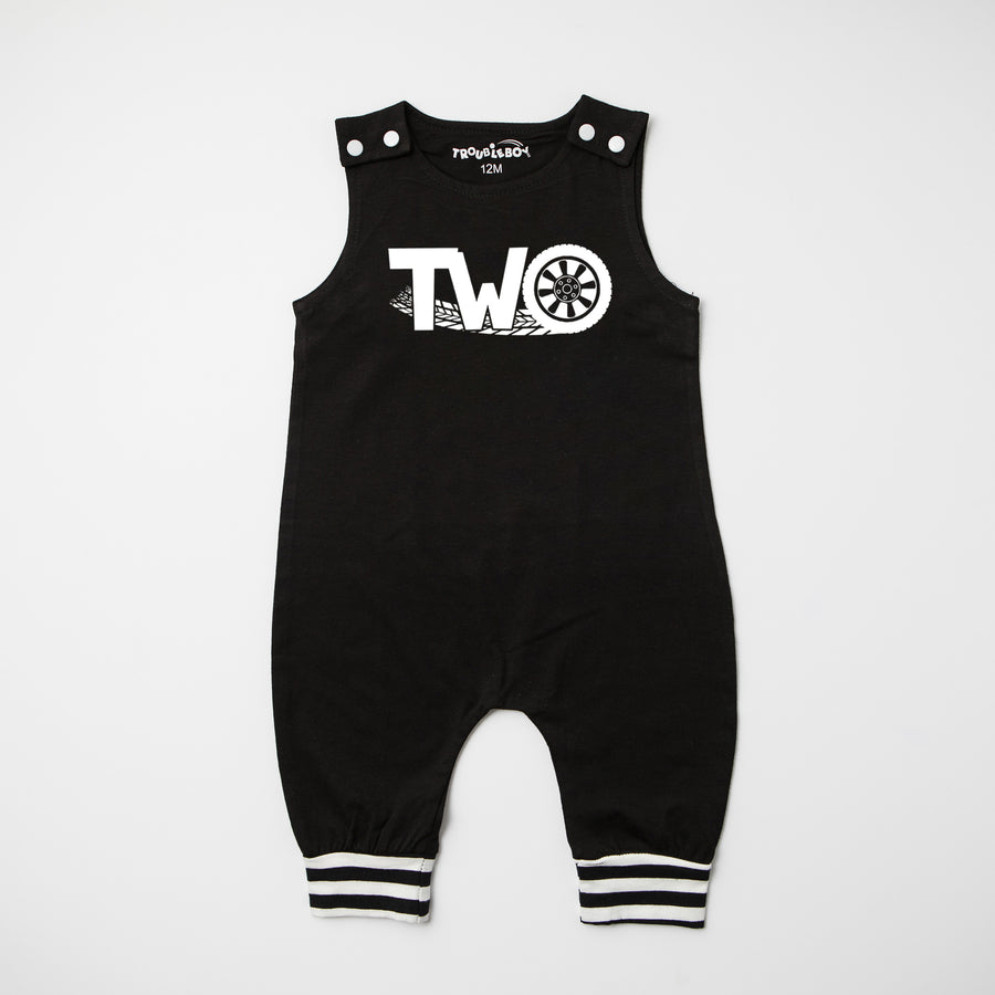 Black "Two" Racecar Second Birthday Romper with Striped Cuff