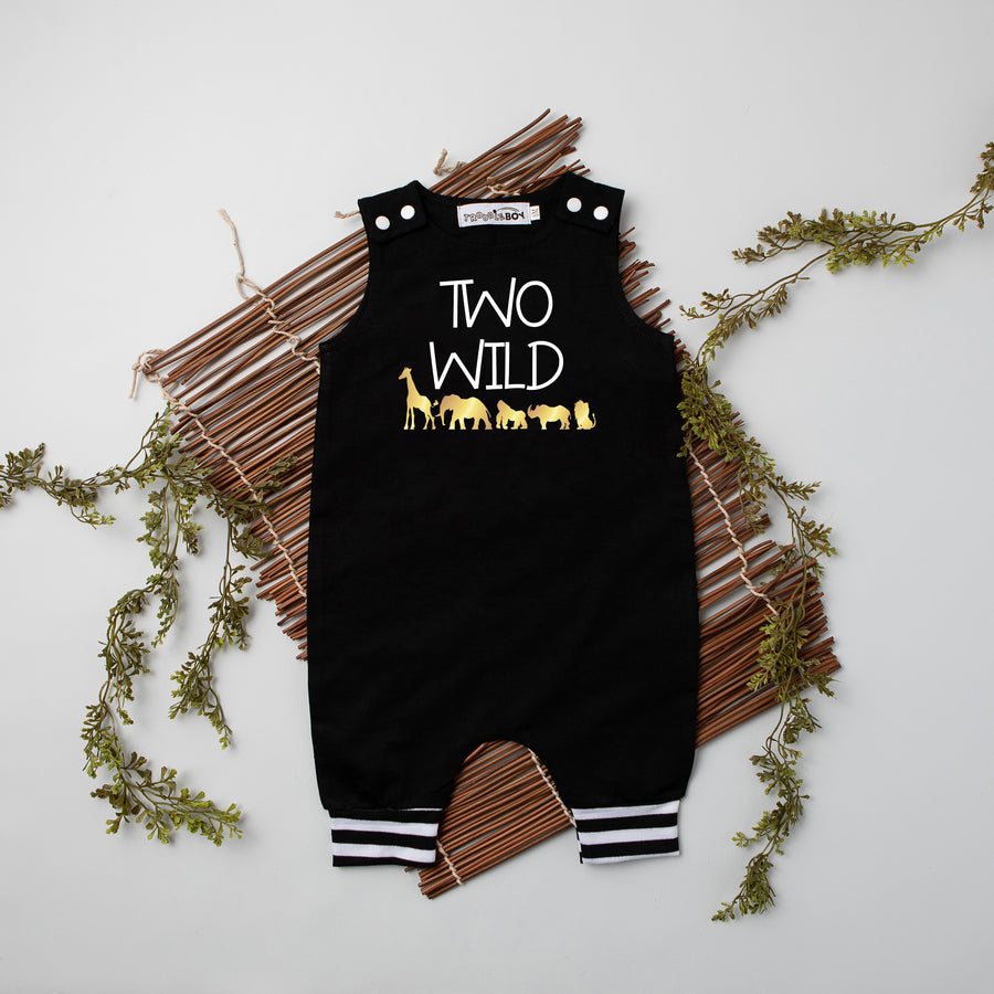 Black "Two Wild" Jungle First Birthday Romper with Striped Cuff