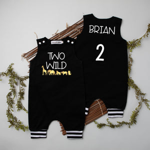 Black "Two Wild" Jungle First Birthday Romper with Striped Cuff