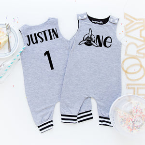 Gray "One" Airplane Themed Birthday Romper with Striped Cuff