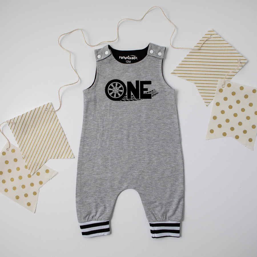 "One" Racecar Themed Birthday Romper with Striped Cuff