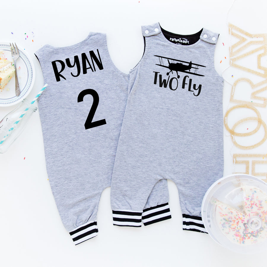 Gray "Two Fly" Airplane Themed Birthday Romper with Striped Cuff