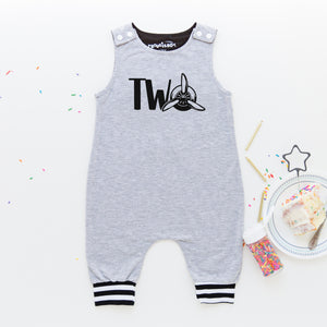 Gray "Two" Airplane Themed Birthday Romper with Striped Cuff