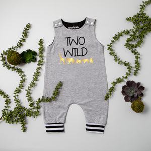 Gray "Two WIld" Jungle Themed Romper with Striped Cuff