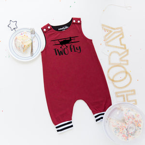 Gray "Two Fly" Airplane Themed Birthday Romper with Striped Cuff