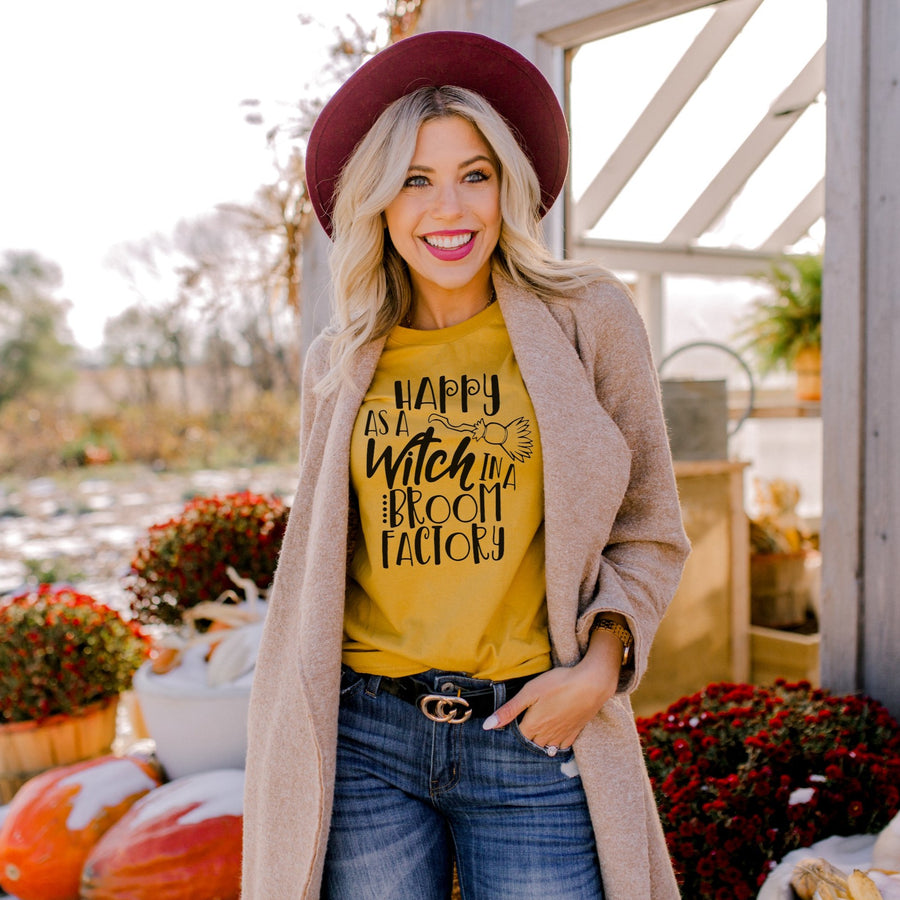 "Happy as a Witch in a Broom Factory" Halloween T-Shirt