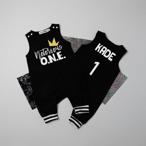 "Notorious One" First Birthday Personalized Romper with Striped Cuff