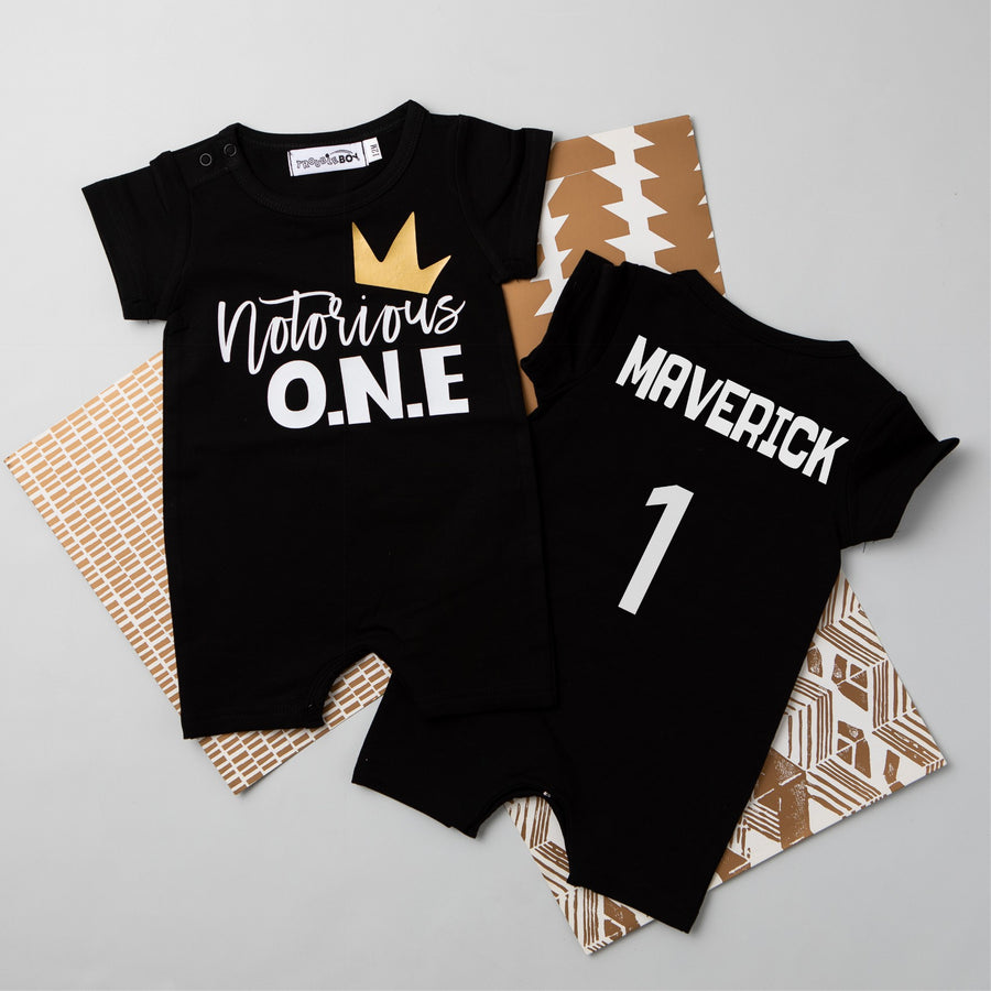 "Notorious One" Slim Fit Shorts Personalized 1st Birthday Romper