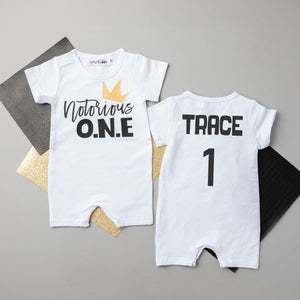 "Notorious One" Slim Fit Shorts Personalized 1st Birthday Romper