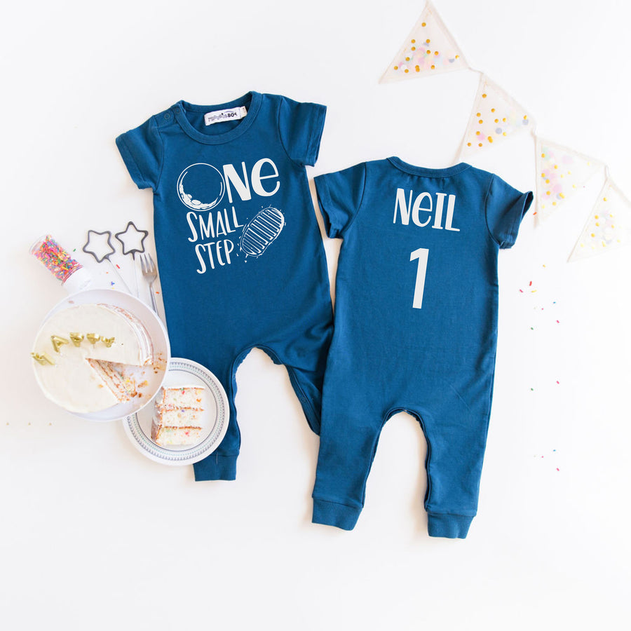 Black "One Small Step" Slim Fit Space Themed 1st Birthday Romper