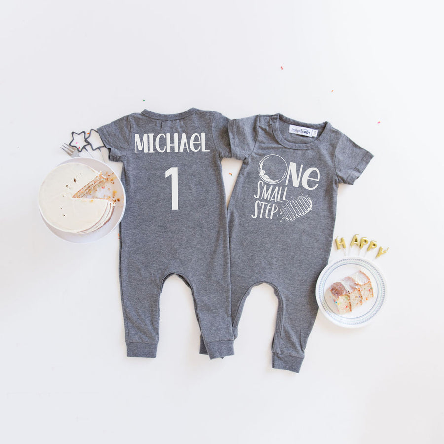 Gray "One Small Step" Slim Fit Space Themed 1st Birthday Romper