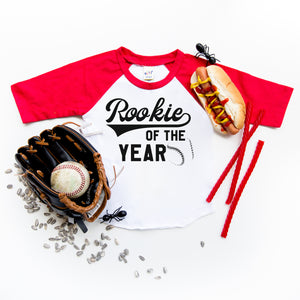 "Rookie of the Year" Baseball First Birthday Raglan with Hat