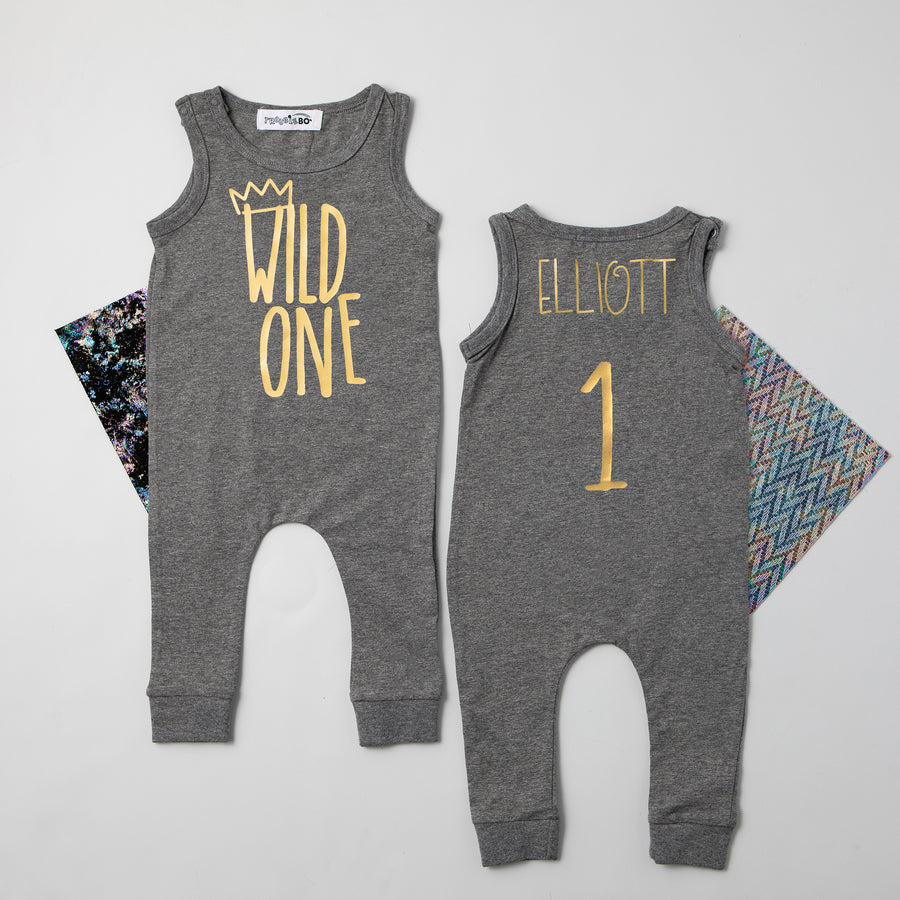 "Wild One" Slim Fit First Birthday Romper with Gold Writing