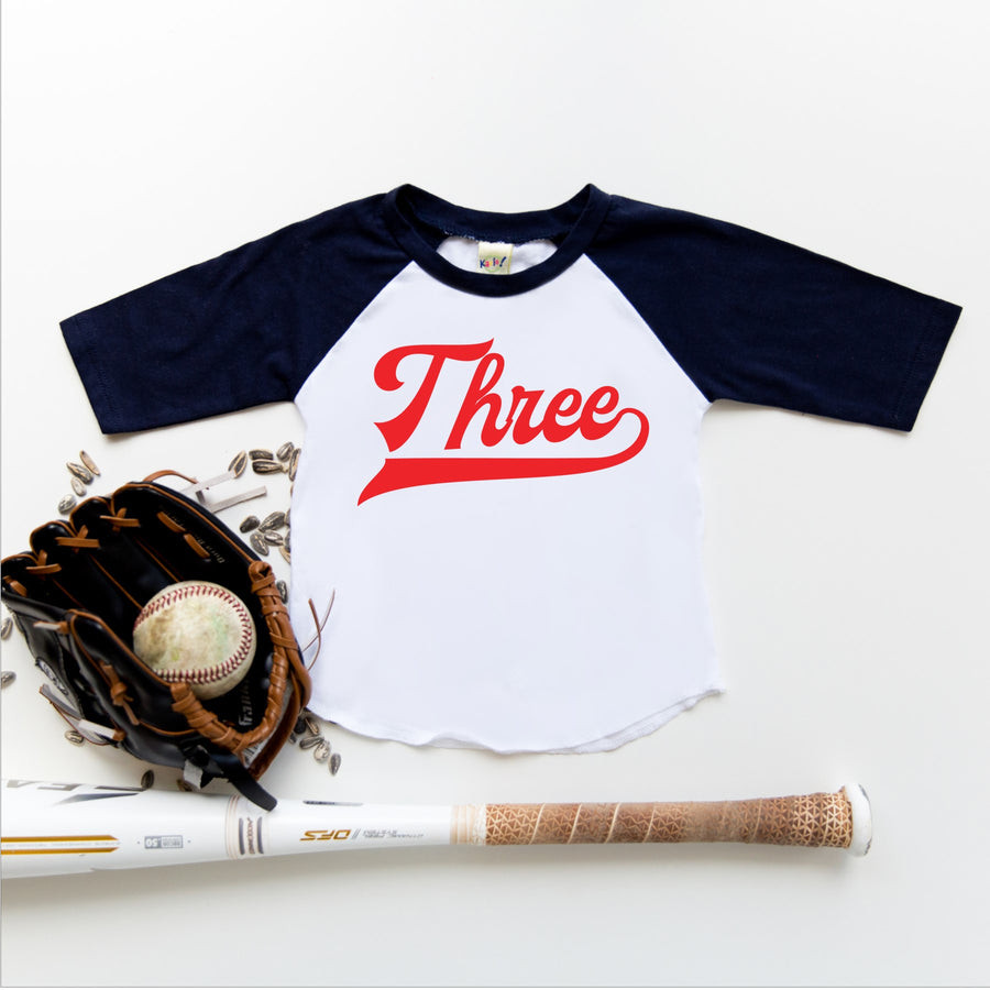 "Three" Red Vinyl 3rd Birthday Baseball Raglan