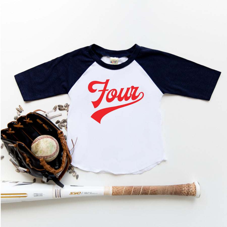 "Four" Red Design 4th Birthday Baseball Raglan