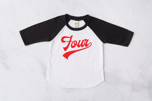 "Four" Red Design 4th Birthday Baseball Raglan