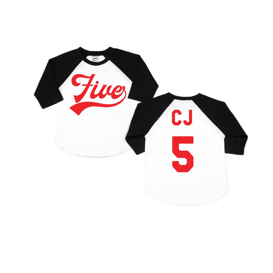 "Five" Red Design 5th Birthday Baseball Raglan