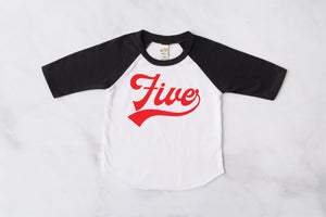 "Five" Red Design 5th Birthday Baseball Raglan