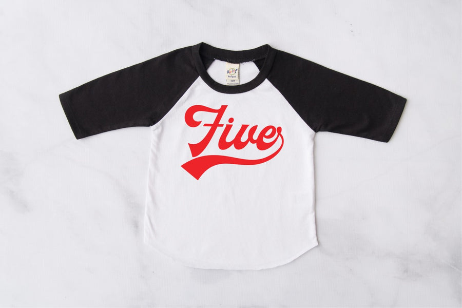 "Five" Red Design 5th Birthday Baseball Raglan