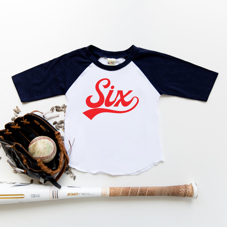 "Six" Red Logo 6th Birthday Baseball Raglan