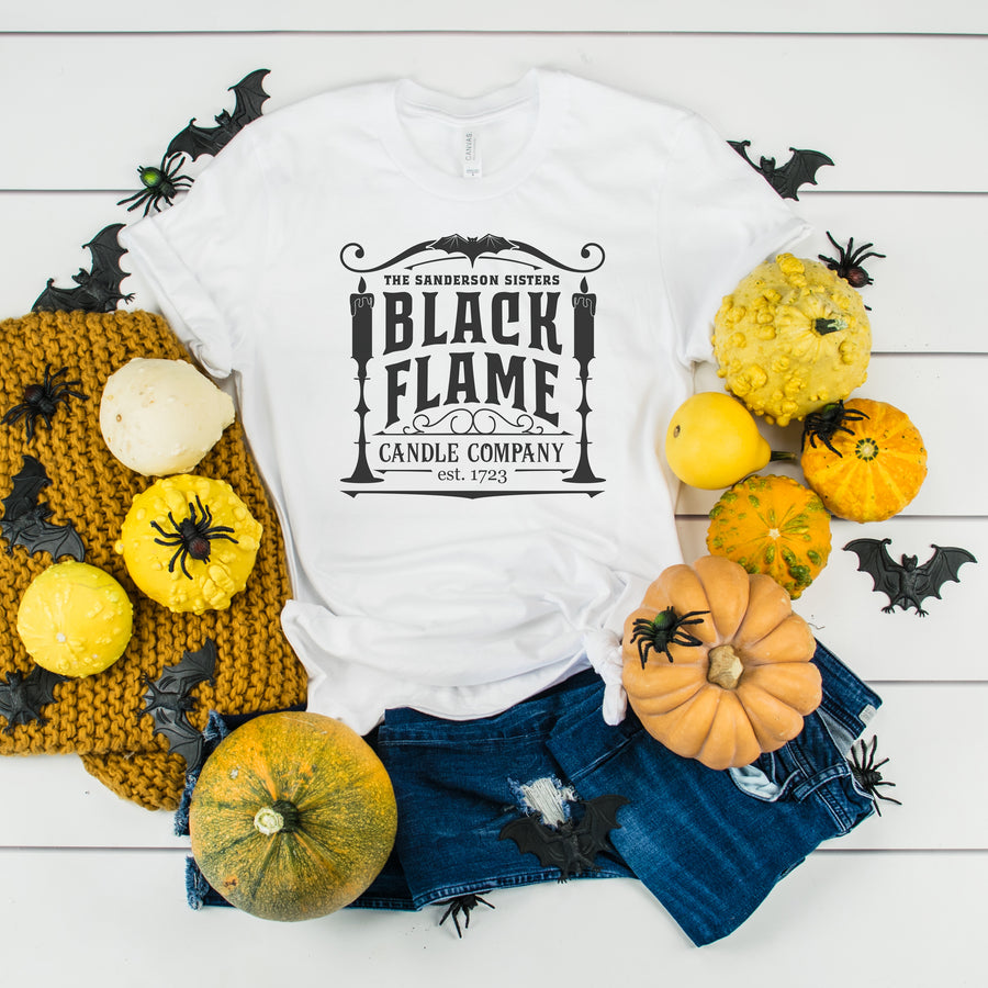 Black Flame Candle Company Graphic Shirt for Fall. Witchy Halloween Outfit for Mom Spooky Sanderson Sisters. Hocus Pocus.