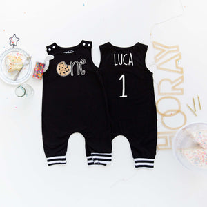 Black Cookie First Birthday Romper with Striped Cuff