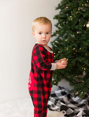 1st Christmas Personalized Red and Black Buffalo Print Romper
