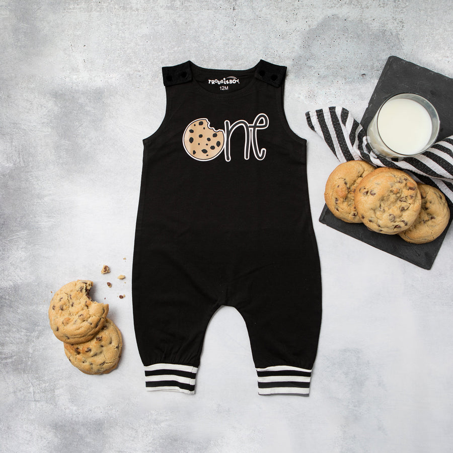 Gray Cookie First Birthday Romper with Striped Cuff