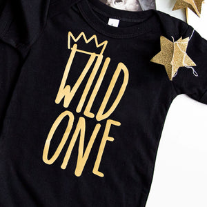 "Wild One" First Birthday Bodysuit/T-Shirt with Gold Writing