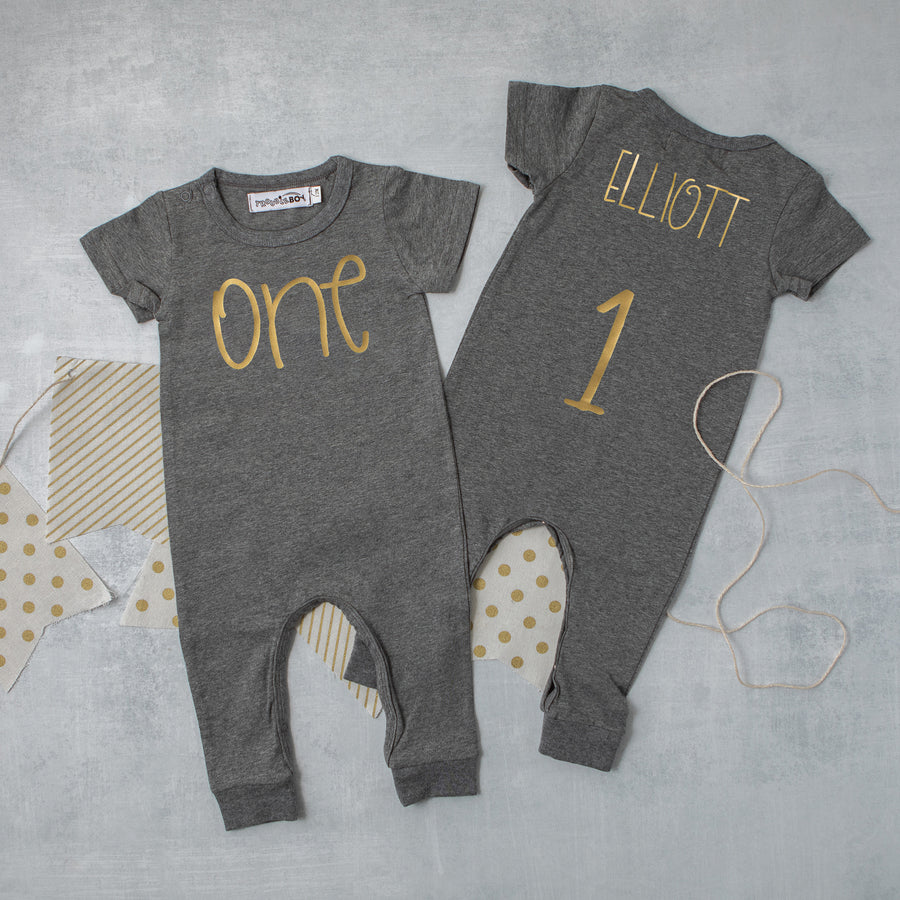 Aegean Blue "ONE" Slim Fit First Birthday Romper with Gold Writing