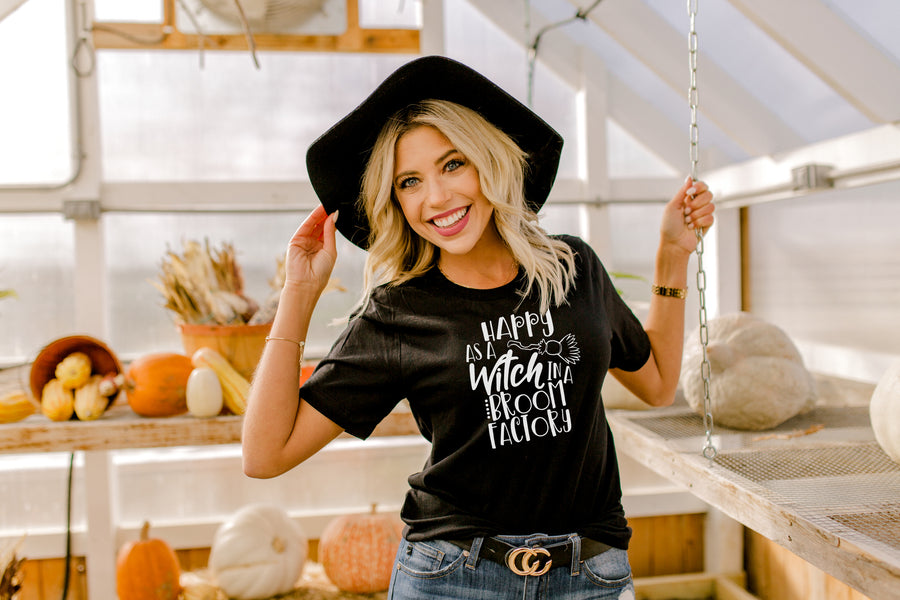 "Happy as a Witch in a Broom Factory" Halloween T-Shirt